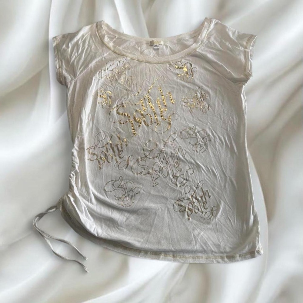 Y2K vintage SouthPole gold graphic babydoll top‎ scrunch side tie